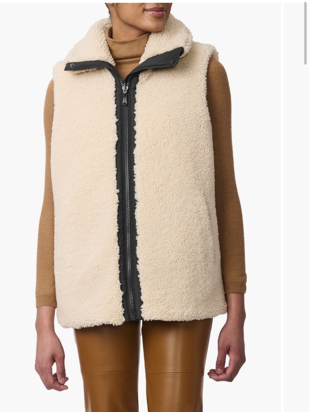 Bernardo Cream Sherpa Zip-Front Vest with Black Trim